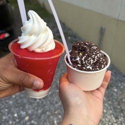 Gelato cherry water ice and vanilla ice cream. twist soft serve