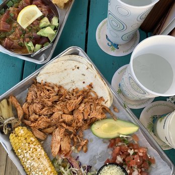 Sunset Pier - Tuna tartare on top and chicken tacos on the bottom with complimentary grilled corn and slaw - Seafood Near Me - Key West, Florida