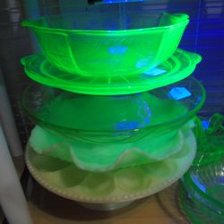 Jodies Antiques & Treasures - Antique Uranium glass glowing with UV light - I never get tired of seeing this - cool!