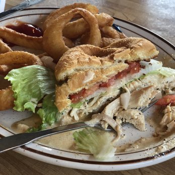 Mill Street Inn - Smoked turkey sandwich with white BBQ sauce and onion rings - Breakfast & Brunch Near Me - Gaston, Indiana