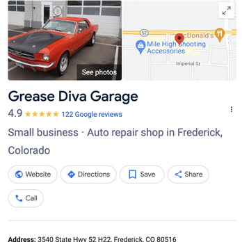 Grease Diva Garage - Here is a screen shot of Grease Diva Garage when you google it. You will see that the photo of the red car matches what is on Yelp. - Auto Repair Near Me - Frederick, Colorado Grease Diva Garage - Here is a screen shot of Grease Diva Garage when you google it. You will see that the photo of the red car matches what is on Yelp. - Auto Repair Near Me - Frederick, Colorado