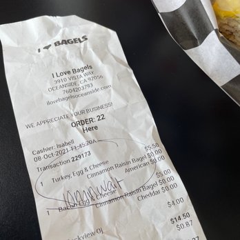 I Love Bagels - The receipt - Delis Near Me - Oceanside, California I Love Bagels - The receipt - Delis Near Me - Oceanside, California