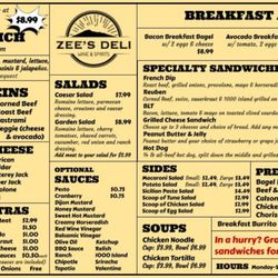Zee's Deli Wine and Spirits - Our English menu board