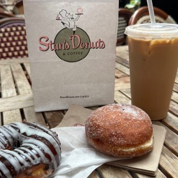 Stan's Donuts & Coffee - Chocolate glazed donut, strawberry Bismarck and iced oatmilk Caramel latte. - Donuts Near Me - Chicago, Illinois