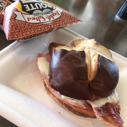 Bridge Street Cafe - Ham, Swiss and bacon On A pretzel bun. Seriously yummy.