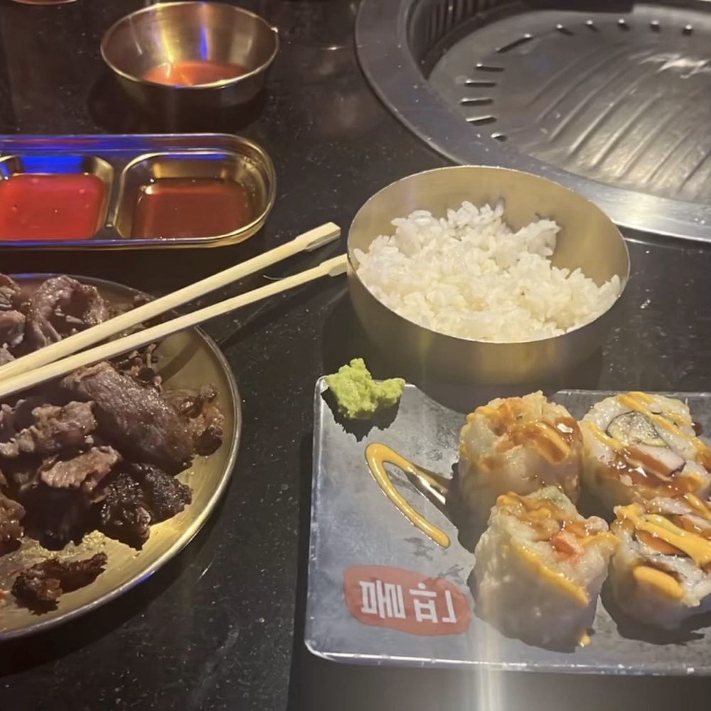 Crazy California Roll, rice, and beef brisket (or maybe bulgogi)