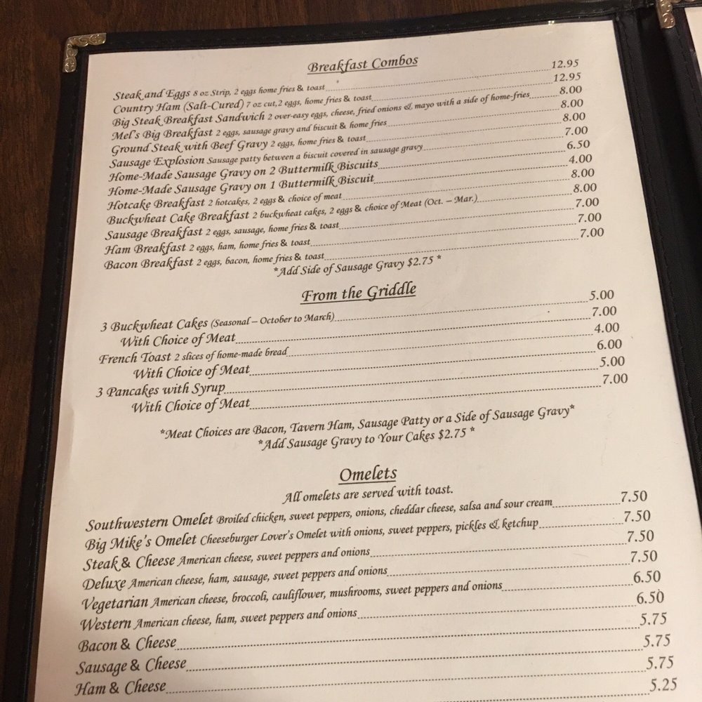 Melanie's Family Restaurant - Good variety menu, this is only half of the breakfast menu. - American Near Me - Aurora, West Virginia Melanie's Family Restaurant - Good variety menu, this is only half of the breakfast menu. - American Near Me - Aurora, West Virginia