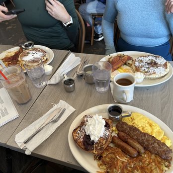 Millie's Cafe - Pasadena - "Usuals" Monkey Banana Pancakes with bacon, Blueberry French Toast with sausage and hot sausage, & Banana Nut with Vegan Bacon - Breakfast & Brunch Near Me - Pasadena, California