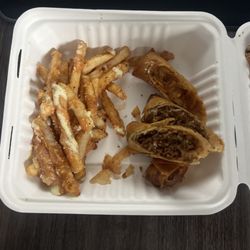 Lunch Special (Korean Beef, Mac n Cheese, Chicken Enchilada) plus fries. (PS, took photo after digging in so there was more!)