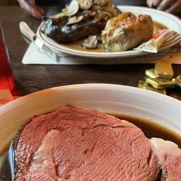 Delicious medium-rare prime rib.