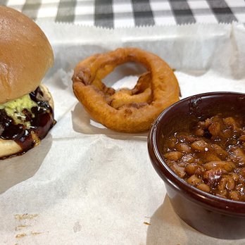 Leonard's Pit Barbecue - The Mr Leonard small plate with beans and onion rings - Barbeque Near Me - Memphis, Tennessee Leonard's Pit Barbecue - The Mr Leonard small plate with beans and onion rings - Barbeque Near Me - Memphis, Tennessee