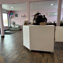 Inside the coffee shop. Some pastries are available.