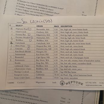 Neptune Oyster - Oyster Menu 11/9/24 - Seafood Near Me - Boston, Massachusetts