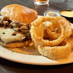 Mushroom Burger with onion rings
