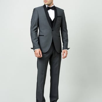 Samson - Smoking sur mesure à col châle, en toile laine et mohair gris super 120's, 1 bouton, 2 poches droites,755€ - Men's Clothing Near Me - Paris, 75
