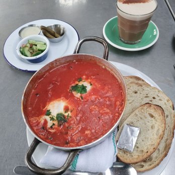 Cafe Smitten - Moroccan eggs with pepper breads, chai latte, and cucumber pickles - Coffee & Tea Near Me - Bakersfield, California