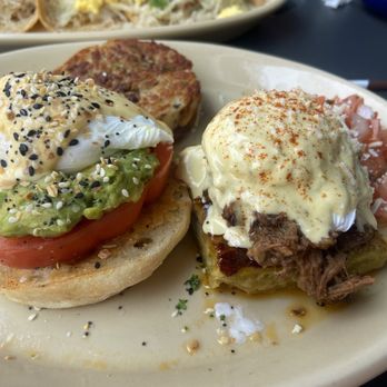 Snooze, an A.M. Eatery - Duo Benedict. We chose 2 different egg Benedicts. Pictured on the right is Smashed Avocado and on the right with Barabca. Both are divine! - Breakfast & Brunch Near Me - Cedar Park, Texas Snooze, an A.M. Eatery - Duo Benedict. We chose 2 different egg Benedicts. Pictured on the right is Smashed Avocado and on the right with Barabca. Both are divine! - Breakfast & Brunch Near Me - Cedar Park, Texas