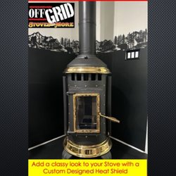 Off Grid Stoves & More - Custom Designed Heat Shields to compliment your Wood, Gas , Pellet Stove or Wood Cook Oven. Stove installed "THELIN PARLOUR PELLET"