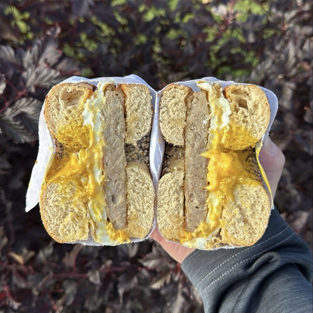 Sausage egg and cheese on a everything bagel