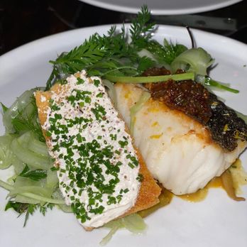 The Mackenzie Room - fish entree with a crostini lathered with bone marrow butter - Canadian (New) Near Me - Vancouver, British Columbia