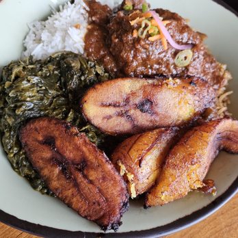 Baobab Fare - Nyumbani - tender beef, fried plantains, peanut stewed spinach, spiced rice and coconut rice - Coffee & Tea Near Me - Detroit, Michigan Baobab Fare - Nyumbani - tender beef, fried plantains, peanut stewed spinach, spiced rice and coconut rice - Coffee & Tea Near Me - Detroit, Michigan