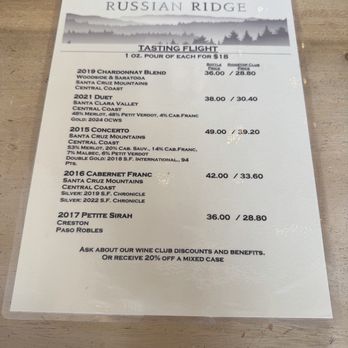 Russian Ridge Winery - Menu 8/9/26 - Wineries Near Me - San Carlos, California Russian Ridge Winery - Menu 8/9/26 - Wineries Near Me - San Carlos, California