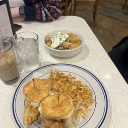 Honey butter chicken biscuit, iced latte, Breakfast Tots Honey butter chicken biscuit, iced latte, Breakfast Tots