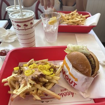 In-N-Out Burger - Hamburger Meal (no tomatoes, grilled onions; animal style fries--no cheese + chopped chillies) - Burgers Near Me - Long Beach, California In-N-Out Burger - Hamburger Meal (no tomatoes, grilled onions; animal style fries--no cheese + chopped chillies) - Burgers Near Me - Long Beach, California