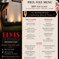 Elvis Italian Grille - This is the prix fixe menu for Mother's Day