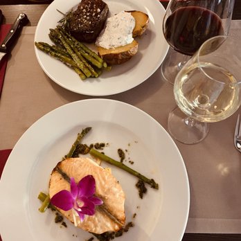 Morela - Sirloin steak (called "roast beef" on the menu), baked potato with nice sauce, salmon fillet done right with potato and asparagus - Polish Near Me - Kraków, Massachusetts