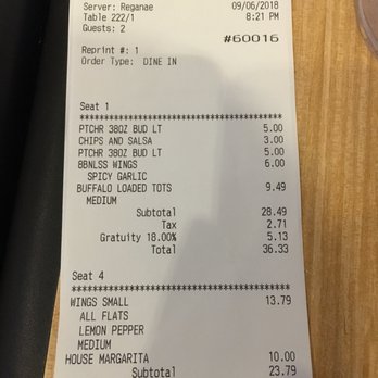 Buffalo Wild Wings - Messed up my same order THREE times and still had the audacity to INCLUDE 18% tip. On all our checks. - Chicken Wings Near Me - Carson, California
