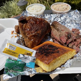 Wagon Wheel BBQ - 2 meat combo (brisket, chicken) with corn bread, potato salad, and Mac & cheese. - Barbeque Near Me - Mountain View, California Wagon Wheel BBQ - 2 meat combo (brisket, chicken) with corn bread, potato salad, and Mac & cheese. - Barbeque Near Me - Mountain View, California
