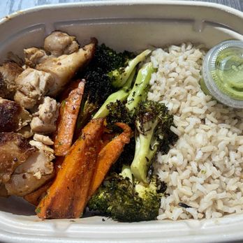 Naked Farmer - Build your own bowl- Charred Chicken (thigh), harissa sliced carrots, charred broccoli with lemon and garlic and brown rice with parsley. - New American Near Me - Tampa, Florida Naked Farmer - Build your own bowl- Charred Chicken (thigh), harissa sliced carrots, charred broccoli with lemon and garlic and brown rice with parsley. - New American Near Me - Tampa, Florida