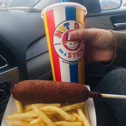 Hot Dog on a Stick - Beef corn dog, fries and cherry lemonade