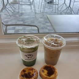 Strawberry matcha and Spanish latte + $1 egg tarts