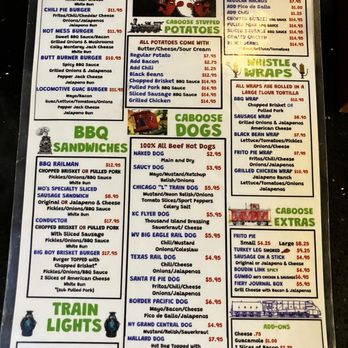 The Loose Caboose - Confused Menu - Menu from The Loose Caboose includes barbecue sandwiches, hot dogs, burgers, nachos, and various wraps, with prices and ingredients listed. - Barbeque Near Me - Spring, Texas