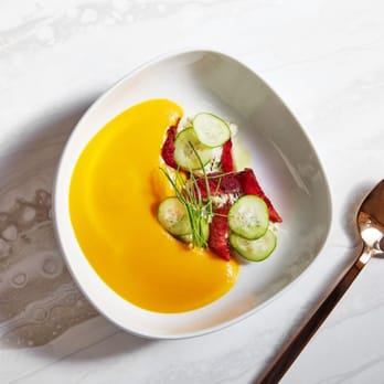 L'Ermitage - Chilled Carrot soup with lump crab and blood orange. - French Near Me - Beverly Hills, California L'Ermitage - Chilled Carrot soup with lump crab and blood orange. - French Near Me - Beverly Hills, California