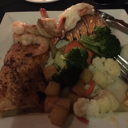 Chemong Lodge - Seafood platter - shrimp, lobster Tail, salmon and vegetables.  Super delicious