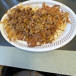 Waffle House - My favorite: Triple Hash browns with Bert's Chili!