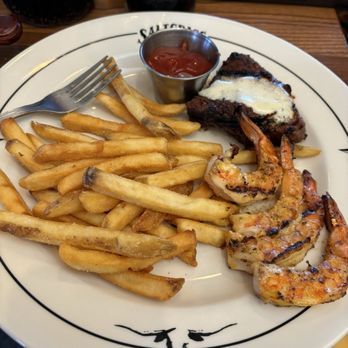 Saltgrass Steak House - The dinner I chose company provided. Steak medium grilled shrimp fries. - Steakhouses Near Me - Waco, Texas