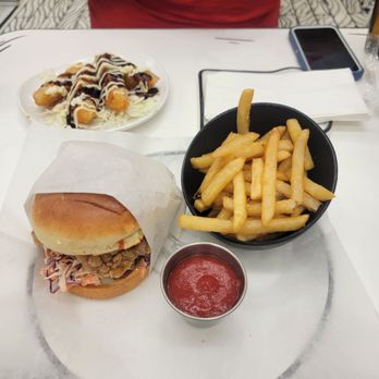 2d Restaurant - Front to back: Fried chicken sandwich with fries, and potato croquettes - Donuts Near Me - Chicago, Illinois 2d Restaurant - Front to back: Fried chicken sandwich with fries, and potato croquettes - Donuts Near Me - Chicago, Illinois