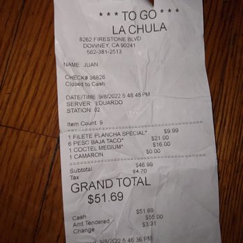 Mariscos La Chula - Downey - Tacos charged as 21.00 when they should have been 6.00 - Seafood Near Me - Downey, California Mariscos La Chula - Downey - Tacos charged as 21.00 when they should have been 6.00 - Seafood Near Me - Downey, California