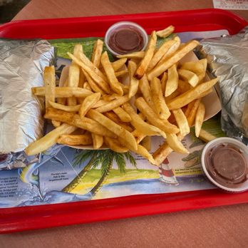 Mr Submarine-Mr Gyros - 2 Greek Gyros with onions, tomatoes & tzatziki sauce on pita (platter shown with French fries) - Sandwiches Near Me - Clearwater, Florida Mr Submarine-Mr Gyros - 2 Greek Gyros with onions, tomatoes & tzatziki sauce on pita (platter shown with French fries) - Sandwiches Near Me - Clearwater, Florida
