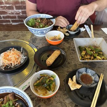 Tai Lai Shun - Cheese wonton, egg rolls, numbing spicy beef noodle (house noodles), radish and cucumber sides. - Noodles Near Me - Orem, Utah Tai Lai Shun - Cheese wonton, egg rolls, numbing spicy beef noodle (house noodles), radish and cucumber sides. - Noodles Near Me - Orem, Utah