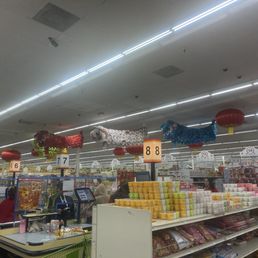 The supermarket has beautiful Chinese Lion Dancing decorations in the ceiling. The supermarket has beautiful Chinese Lion Dancing decorations in the ceiling.
