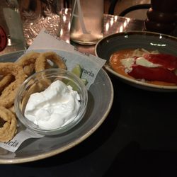 Gracia - Calamari (just rings, lacking salt) and goat-cheese-stuffed peppers (yum!)