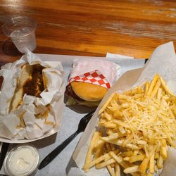 Willie's Burgers - Chili dog, cheeseburger and garlic fries -so good!