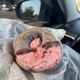 Blueberry bagel with strawberry cream cheese Blueberry bagel with strawberry cream cheese