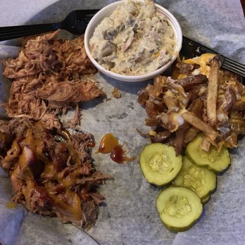 Pig In A Poke - Pulled chicken and pork with potato salad and loaded fries - Barbeque Near Me - Pikeville, Kentucky Pig In A Poke - Pulled chicken and pork with potato salad and loaded fries - Barbeque Near Me - Pikeville, Kentucky