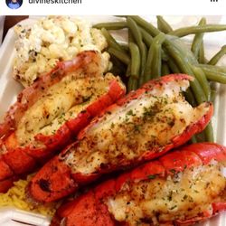 Rashine Divine Dream Cuisine - Triple lobster tails served over rice with macaroni salad and string beans